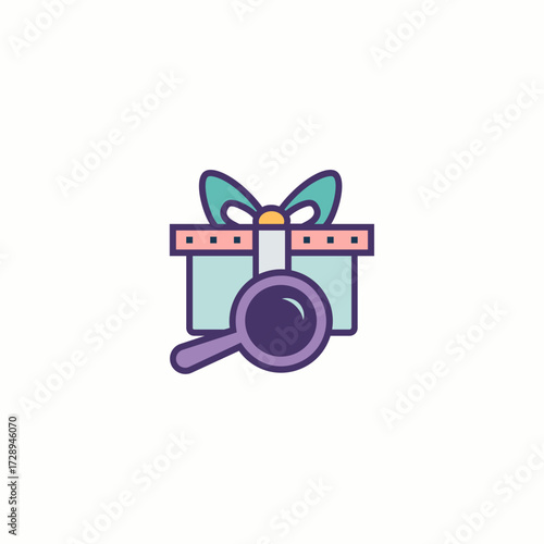 A flat vector icon of a gift box with a magnifying glass, symbolizing gift search, present finding, or product discovery