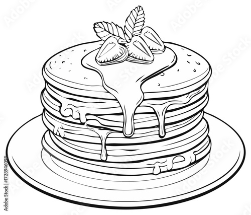 Pancake stack with syrup and strawberries on a plate, black and white line art illustration