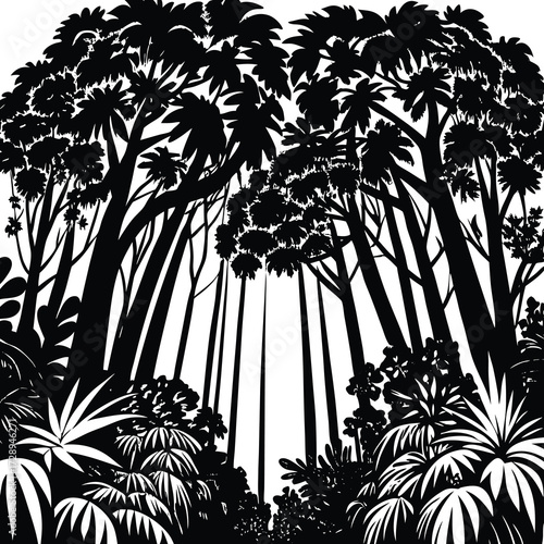 Detailed black and white line art illustration of a dense rainforest canopy with intricate leaf patterns and vines