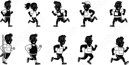 Running cartoon illustration, funny runner characters, comic sports artwork, dynamic jogging poses, humorous fitness moments, black white drawing, energetic athlete design