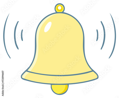 Cartoon style golden bell ringing depicting sound waves or vibrations for notifications or alarm symbol icon