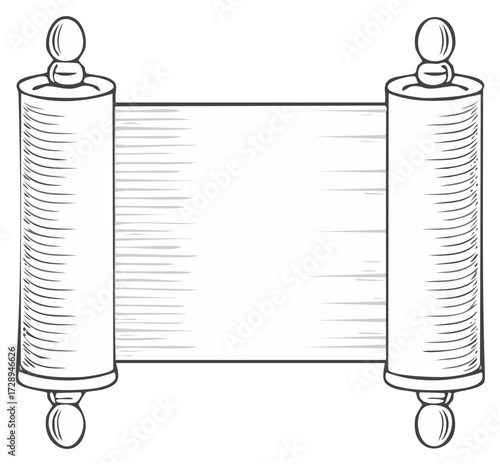Antique Torah scroll illustration showing textured parchment and decorative rods, perfect for religious holidays and textual design