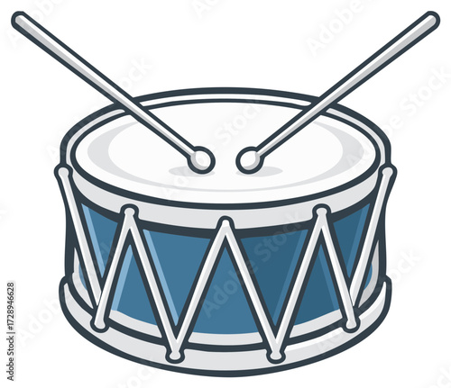 Cartoon drum with drumsticks illustration. Music instrument, percussion. Children illustration, sticker.
