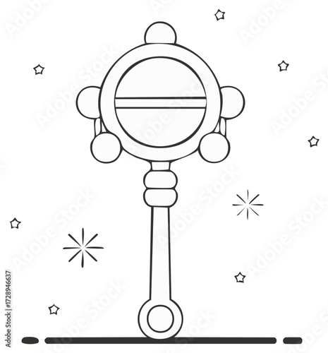 Classic baby rattle toy outline illustration with decorative stars and sparkles
