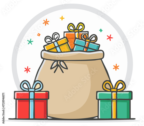 Cartoon illustration of gifts in a sack with presents around it