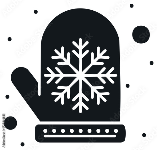 Black and white mitten with a snowflake and falling snow illustration