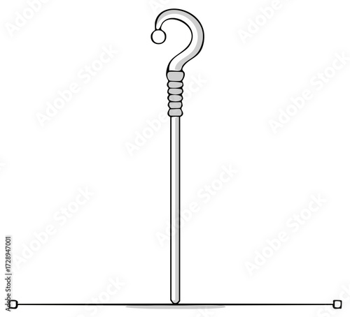 Cartoonish walking stick with question mark head in black and white
