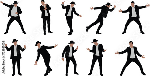 Silhouette dance poses, suit and hat dancer, choreography movements, expressive body language, stylish performance art, human posture, vector illustration, abstract design