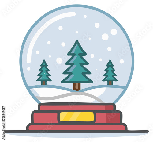 Holiday snow globe with snow covered landscape and fir trees inside glass ball