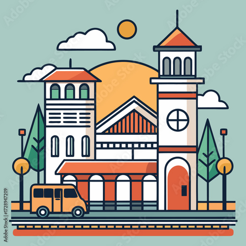 Minimalist line art design of a railway station with a train and tracks suitable for transportation and travel themes