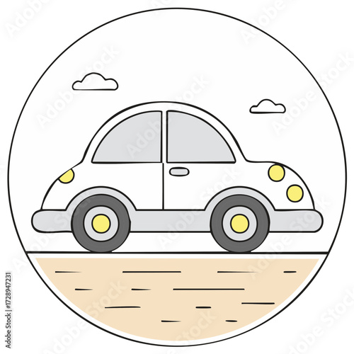Illustration of a cartoon car in a circle with clouds