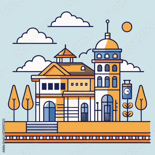 Minimalist line art illustration of a railway station building with platform and tracks