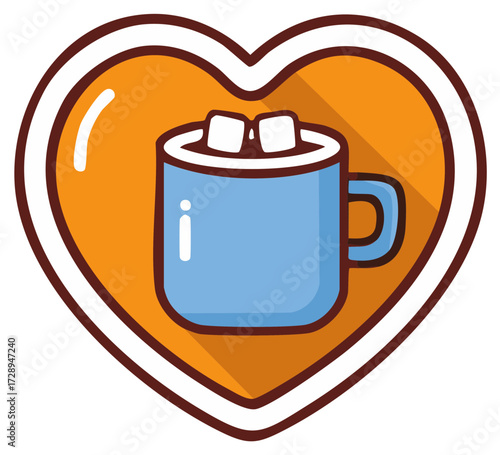 Blue mug with marshmallows in a heart shape emblem with long shadow