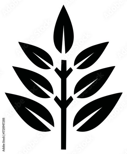 Stylized black illustration of a plant with multiple leaves on a stem