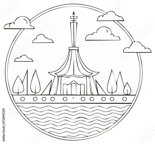 Stylized line art illustration of a prominent Southeast Asian monument with tall spire, trees, water, clouds