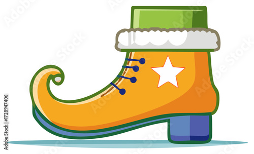 Festive Christmas elf ice skate with a star and curled toe cartoon illustration