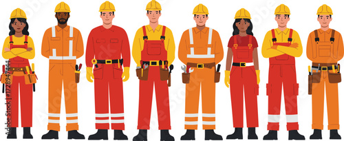 Diverse construction workers in uniform with tools, male and female labor crew in safety gear, engineering team illustration, industrial characters, vector profession concept