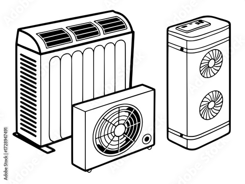 Utility Appliance Set
Flat vector icons arranged symmetrically: radiator (with rising heat), wall-mounted AC (cooling air flow), water heater (with flame), and oscillating fan. Monochrome, clear-cut o