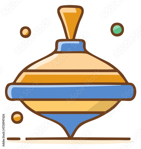 Retro spinning top toy with whimsical orbiting spheres