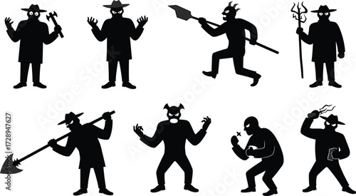 Stylized silhouette characters, fantasy warriors and villains, horned figures, masked fighters, weapons, trident, axe, bomb, mythical personas, dark illustration, vector art