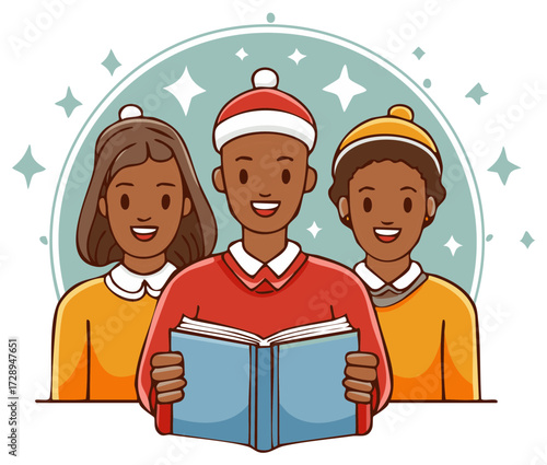 Three young people singing carols from a book, wearing winter hats in cartoon style.
