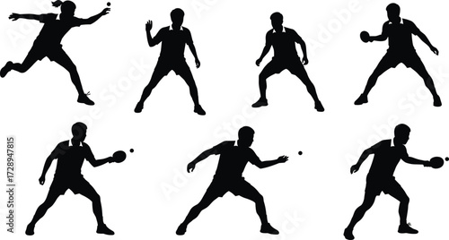 Table tennis silhouettes, ping pong players, serving, returning shots, dynamic poses, black figures, sports activity, paddle action, competitive game, athletic movement