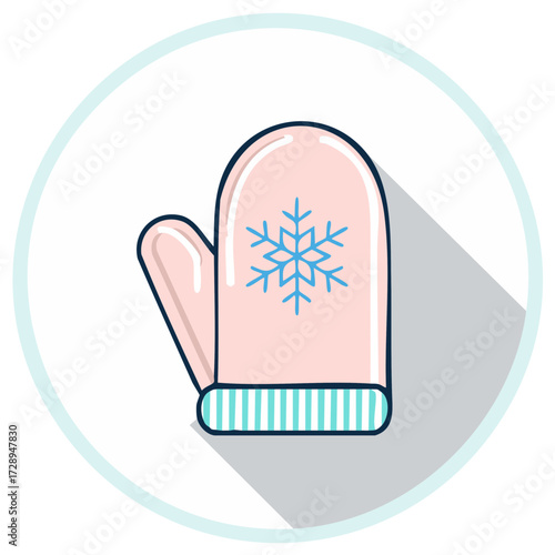 Pink mitten with snowflake, warm winter handwear for cold weather and holidays