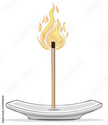 Burning incense stick with stylized flame in a simple holder for relaxation and spiritual meditation