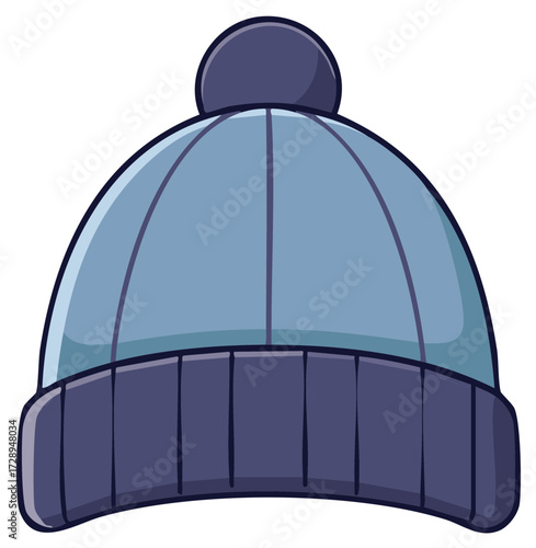 Cartoon Illustration of Knitted Winter Hat with Pom-Pom for Cold Weather Accessory