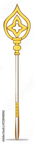 Decorative golden scepter featuring ornate cross emblem, fantasy element, royalty symbol and magical object, isolated on white