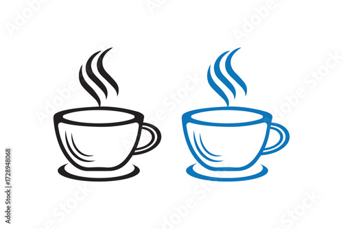 Minimal Line Vector art of two steaming cups of coffee, one in black outline and the other in blue, isolated on a, representing hot beverages and cafe culture