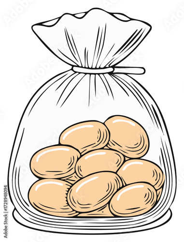 Transparent plastic bag filled with light brown oval shaped beans and tied with a string