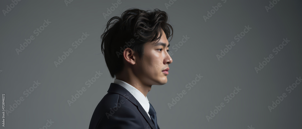 Obraz premium Elegant profile of man in formal suit, showcasing modern hairstyle and serious expression, perfect for professional settings