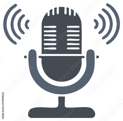Modern microphone icon with sound waves. Audio recording, broadcasting, podcasting, and communication symbol.