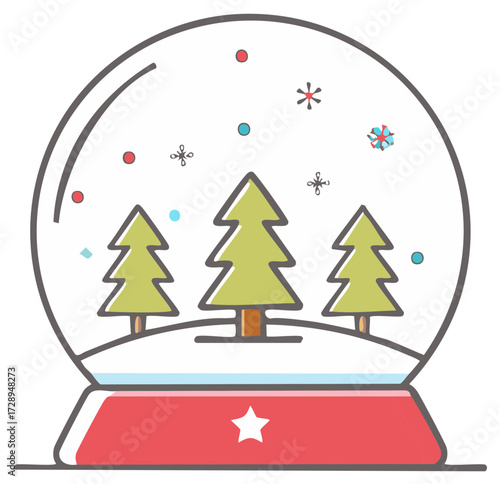 Snow globe illustration with Christmas trees and snowflakes, winter scene vector graphic.