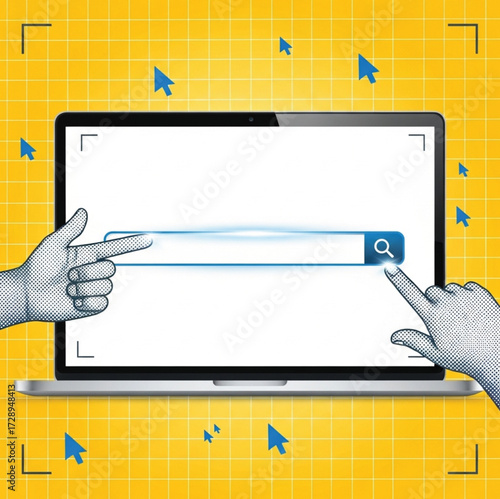 style digital illustration of a laptop with blank screen, central search bar, and halftone hands pointing from both sides, set against a vibrant yellow grid background