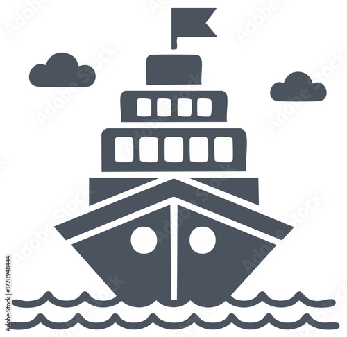 Modern flat design icon of a large passenger vessel or cruise liner on water with clouds