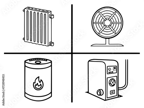 Heating and Cooling Symbols
A two-by-two grid illustration of heating and cooling equipment: radiator with steam lines, air conditioner with airflow lines, boiler with fire symbol, and pedestal fan. M