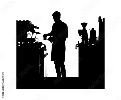 Silhouette of barista preparing coffee behind espresso machine. worker activities.