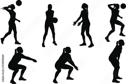 Volleyball silhouettes, player actions, serving, spiking, blocking, digging, sports vector illustration, black design, athletic movement, competitive match, teamwork, outdoor game