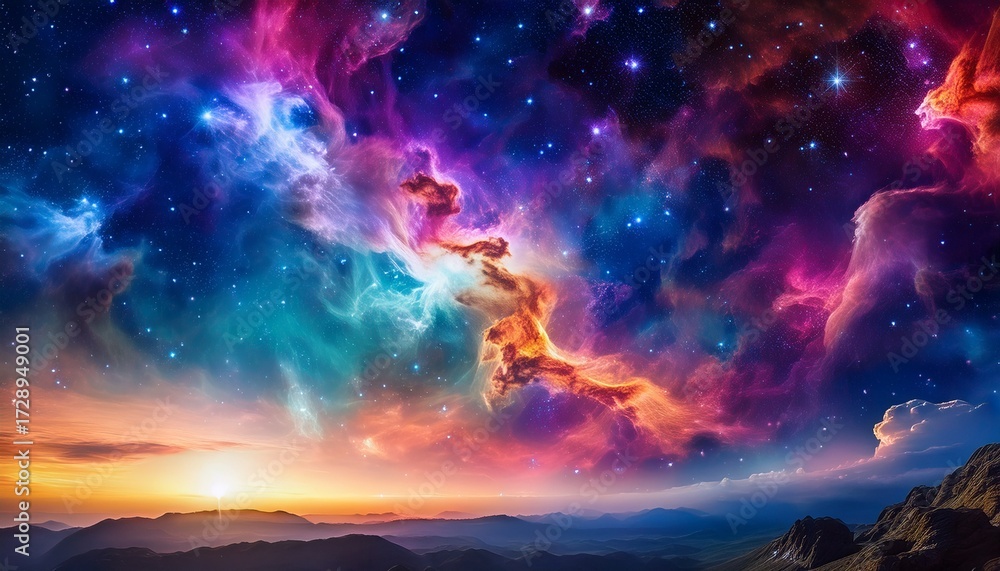 Naklejka premium vibrant cosmic nebula illuminates the night sky with vibrant colors and intricate patterns