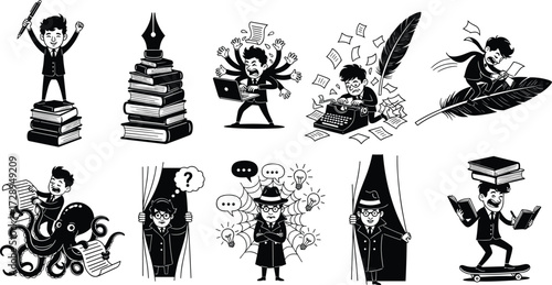 Writer cartoon illustration, office worker drawing, black and white sketch, multitasking creativity, typewriter chaos, feather surfing, brainstorming ideas, book balancing humor
