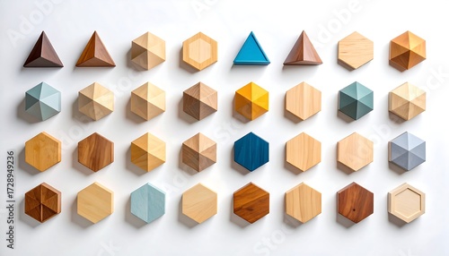 Geometric wooden shapes arranged in a grid pattern (1)
