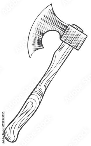 Vintage hand drawn illustration of a Viking battle axe with a wooden handle