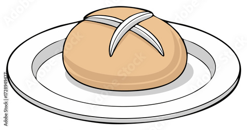 Cartoon vector drawing of a golden brown bread roll with an X cut on a white plate