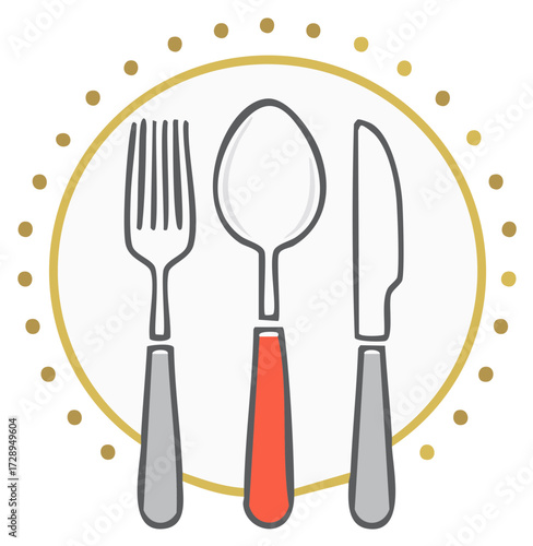 Flatware set inside a gold circle with dotted border on white.