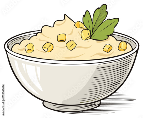 Illustration of a bowl of creamy corn soup garnished with parsley
