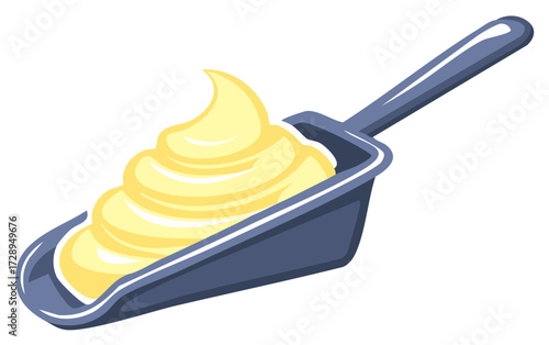 Scoop of creamy yellow frosting or soft serve ice cream in a dark metal scoop
