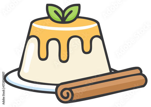 Cute cartoon flan dessert with caramel sauce mint and cinnamon stick