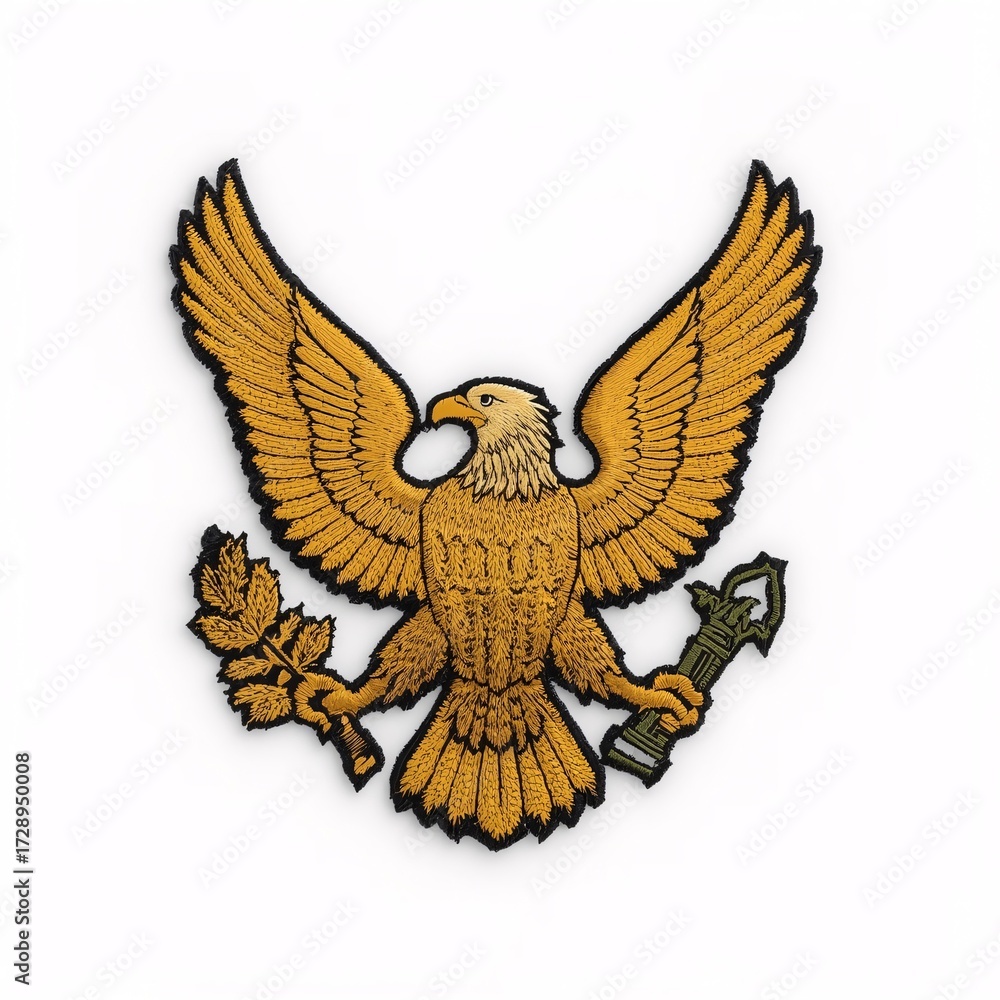 Fototapeta premium PatchGoldenEagle, Patch, GoldenEagle, Wings, Majestic, Emblem, Symbol, Heraldry, Embroidery, Applique, Handmade, Sewing, Needlework, Stitching, Weaving, Textile, Fabric, Craft, Thread, Yarn, Decorativ